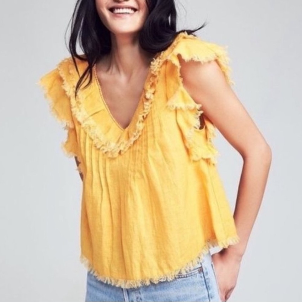 Fatherty Yosepha Marigold Yellow Linen Ruffle Top Size Large